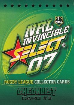 2007 Select NRL Invincible #003 Checklist #3 Front
